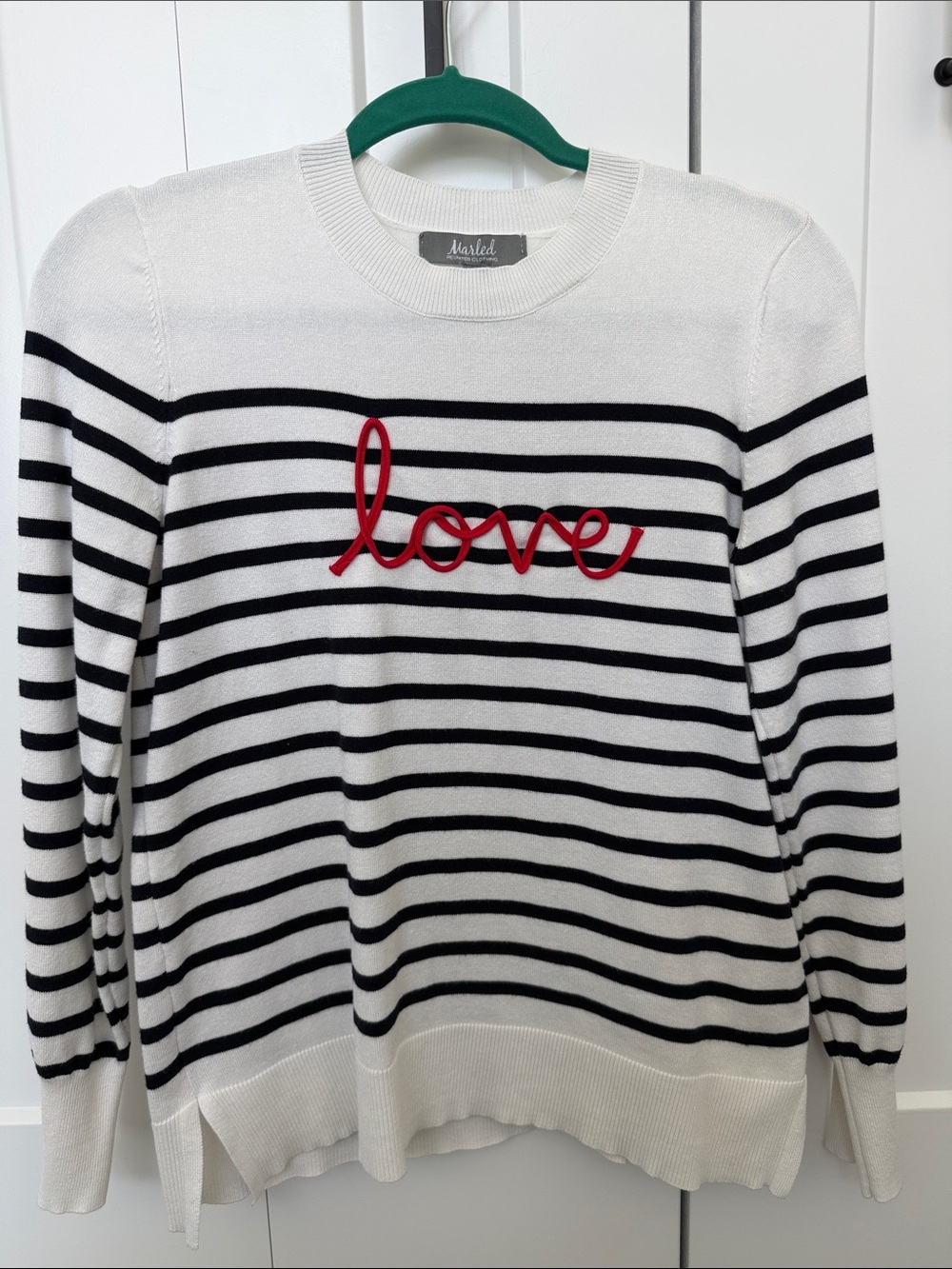 'Love' Striped Crewneck Sweater - White/Navy with Red Script